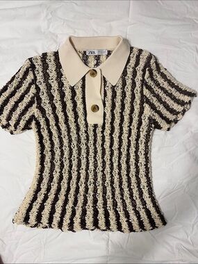 ZARA Cream and chocolate  brown Striped mesh knit Polo
